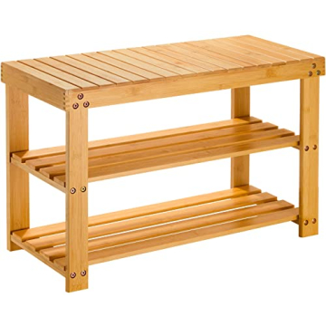 Pipishell 3 Tier Bamboo Shoe Rack Bench - Sturdy Organizer Holds 300lbs for Entryway, Bedroom, Livin...