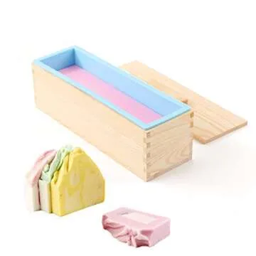 DOYOLLA Silicone Soap Loaf Molds Wood Box w/Wooden Covers for Homemade 42oz Soap Produce, Set of 2, (Total 84oz), Random Color