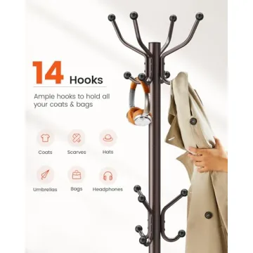 Pipishell Coat Rack with 14 Hooks, Freestanding Coat Rack Stand for Entryway, Hallway, Bedroom, and Office, Metal Coat Tree & Hat Rack for Coats, Hats, and Bags, Brown