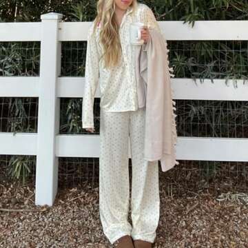 Argeousgor Women Y2k 2 Piece Pajamas Sets Floral Heart Long Sleeve Button Up Shirt Tops Pants Pjs Lo...