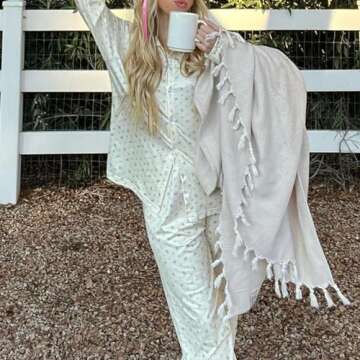 Argeousgor Women Y2k 2 Piece Pajamas Sets Floral Heart Long Sleeve Button Up Shirt Tops Pants Pjs Loungewear Sleepwear l A White