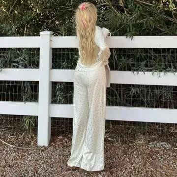 Argeousgor Women Y2k 2 Piece Pajamas Sets Floral Heart Long Sleeve Button Up Shirt Tops Pants Pjs Loungewear Sleepwear l A White