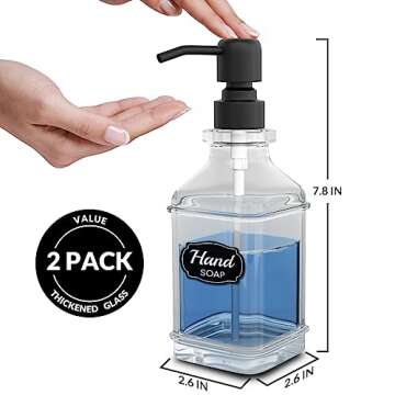 LMQML Soap Dispenser - 2 Pack, Antique Design Thick Glass Hand Soap Dispensers with Sturdy Tray; 304 Rust Proof Stainless Steel Black Pump, 12Pcs Stickers, for Kitchen, Bathroom
