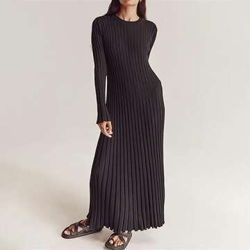 Women Bell Long Sleeve Knit Maxi Dress Crewneck Ribbed Bodycon Long Dress Slim Fit Y2K Sweater Dress Streetwear (A-Black, S)