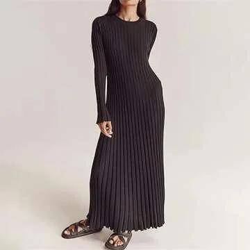 Women Bell Long Sleeve Knit Maxi Dress Crewneck Ribbed Bodycon Long Dress Slim Fit Y2K Sweater Dress Streetwear (A-Black, S)