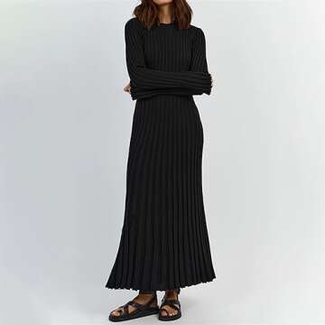 Women Bell Long Sleeve Knit Maxi Dress Crewneck Ribbed Bodycon Long Dress Slim Fit Y2K Sweater Dress Streetwear (A-Black, S)