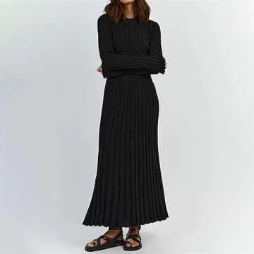 Women Bell Long Sleeve Knit Maxi Dress Crewneck Ribbed Bodycon Long Dress Slim Fit Y2K Sweater Dress Streetwear (A-Black, S)