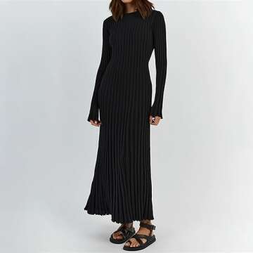 Women Bell Long Sleeve Knit Maxi Dress Crewneck Ribbed Bodycon Long Dress Slim Fit Y2K Sweater Dress Streetwear (A-Black, S)