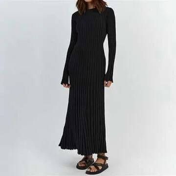 Women Bell Long Sleeve Knit Maxi Dress Crewneck Ribbed Bodycon Long Dress Slim Fit Y2K Sweater Dress Streetwear (A-Black, S)