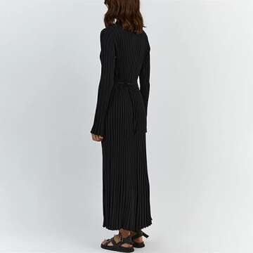 Women Bell Long Sleeve Knit Maxi Dress Crewneck Ribbed Bodycon Long Dress Slim Fit Y2K Sweater Dress Streetwear (A-Black, S)
