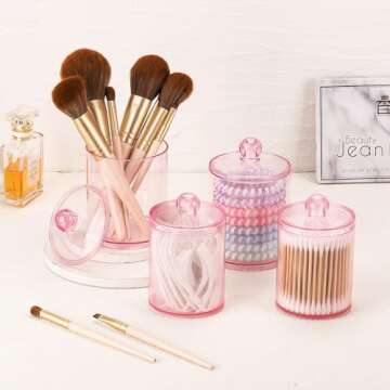 Tbestmax 12 oz, 10 oz Qtip Holder - 4 Pack Restroom Bathroom Organizers and Storage Containers, Pink Plastic Apothecary Jars with Lids for Cotton Ball, Cotton Swab, Cotton Round Pads, Floss