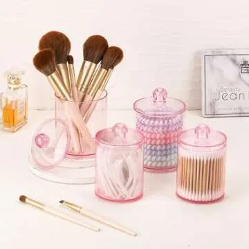 Tbestmax 12 oz, 10 oz Qtip Holder - 4 Pack Restroom Bathroom Organizers and Storage Containers, Pink Plastic Apothecary Jars with Lids for Cotton Ball, Cotton Swab, Cotton Round Pads, Floss