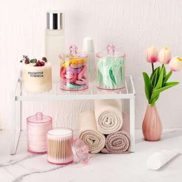 Tbestmax 12 oz, 10 oz Qtip Holder - 4 Pack Restroom Bathroom Organizers and Storage Containers, Pink Plastic Apothecary Jars with Lids for Cotton Ball, Cotton Swab, Cotton Round Pads, Floss