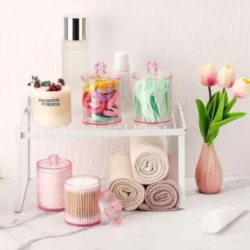 Tbestmax 12 oz, 10 oz Qtip Holder - 4 Pack Restroom Bathroom Organizers and Storage Containers, Pink Plastic Apothecary Jars with Lids for Cotton Ball, Cotton Swab, Cotton Round Pads, Floss