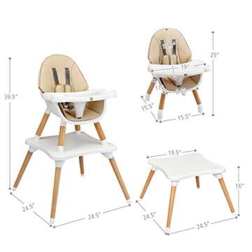 BABY JOY 5 in 1 High Chair, Convertible High Chairs for Babies and Toddlers/Booster Seat/Table and Chair Set, Infant Wooden Highchair w/ 5-Point Harness, 4-Position Removable Tray & PU Cushion (Khaki)