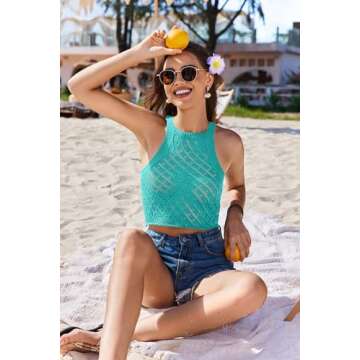 AI'MAGE Women's Crochet Cover Up Set Hollow Out Swimsuit Coverup 2 Piece Knit Beachwear with Drawstring(Aqua Green, Large)