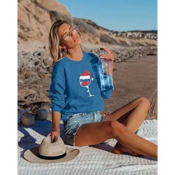 SUPEYA Women Red Wine Glass Christmas Sweatshirt Funny Christmas Pullover Xmas Santa Hat Graphic Blouse Tshirt Tops