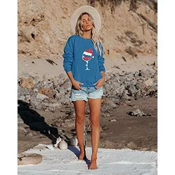 SUPEYA Women Red Wine Glass Christmas Sweatshirt Funny Christmas Pullover Xmas Santa Hat Graphic Blouse Tshirt Tops