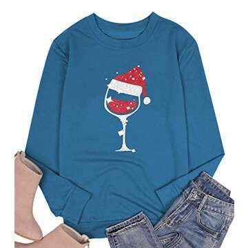 SUPEYA Women Red Wine Glass Christmas Sweatshirt Funny Christmas Pullover Xmas Santa Hat Graphic Blouse Tshirt Tops