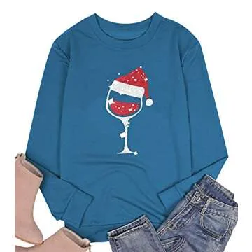 SUPEYA Women Red Wine Glass Christmas Sweatshirt Funny Christmas Pullover Xmas Santa Hat Graphic Blouse Tshirt Tops