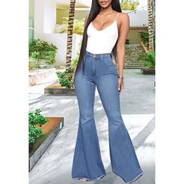 CutieLove Women's Bell Bottom Flare Jeans Mid Rise Destroyed Denim Pants C-Blue