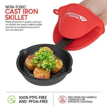 Modern Innovations Mini Black Cast Iron Skillet Set with Silicone Mitt (4 Count) - 3.5 Inch Pans, Pr...