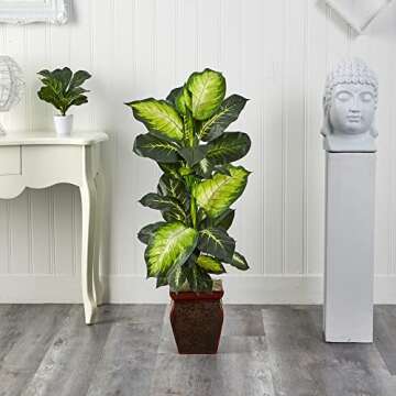 Nearly Natural Dieffenbachia with Decorative Planter Artificial Trees, 45in, Green, Golden