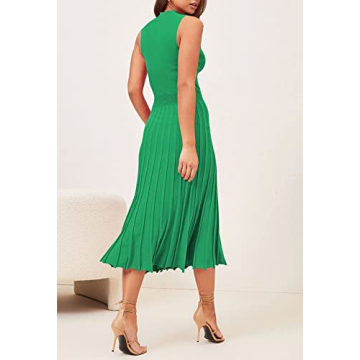 Pink Queen Women's Summer Bodycon Knit Dress Crew Neck Tank Pleated Swing Formal Work Maxi Dresses Green S