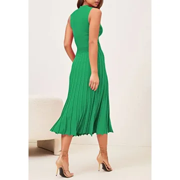 Pink Queen Women's Summer Bodycon Knit Dress Crew Neck Tank Pleated Swing Formal Work Maxi Dresses Green S