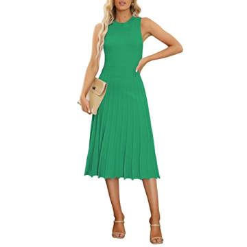Pink Queen Women's Summer Bodycon Knit Dress Crew Neck Tank Pleated Swing Formal Work Maxi Dresses Green S