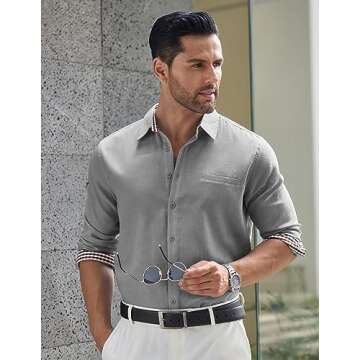 COOFANDY Mens Chambray Dress Shirt Oxford Casual Shirt Button Down Long Sleeve Shirt Light Grey