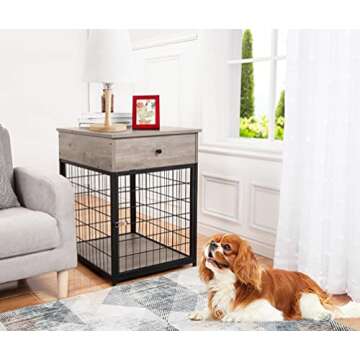 Amyove Furniture Style Dog Crate End Table with Drawer, Wood Pet Kennels Side Table Bed Nightstand, ...