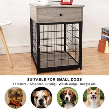 Amyove Furniture Style Dog Crate End Table with Drawer, Wood Pet Kennels Side Table Bed Nightstand, Indoor Use Chew-Proof Dog House for Small Dogs, Grey