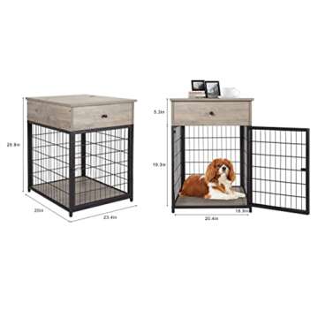 Amyove Furniture Style Dog Crate End Table with Drawer, Wood Pet Kennels Side Table Bed Nightstand, Indoor Use Chew-Proof Dog House for Small Dogs, Grey