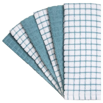 Kitchen Towels 16"x 28" | Dish Towels | Kitchen Hand Towels | Large Dishcloths Set | Highly Absorbent Tea Towel, Soft with Hanging Loop | Natural Ring Spun Cotton, 380 GSM | Aqua Check Design - 6 Pack