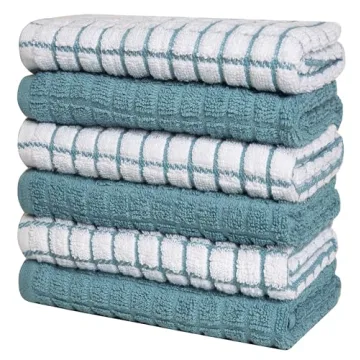 Kitchen Towels 16"x 28" | Dish Towels | Kitchen Hand Towels | Large Dishcloths Set | Highly Absorbent Tea Towel, Soft with Hanging Loop | Natural Ring Spun Cotton, 380 GSM | Aqua Check Design - 6 Pack