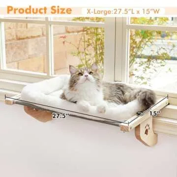 AMOSIJOY Cat Sill Window Perch Sturdy Cat Hammock Window Seat with Cushion Bed Cover, Wood & Metal Frame for Large Cats, Easy to Adjust Cat Bed for Windowsill, Bedside, Drawer and Cabinet(Cushion Bed)