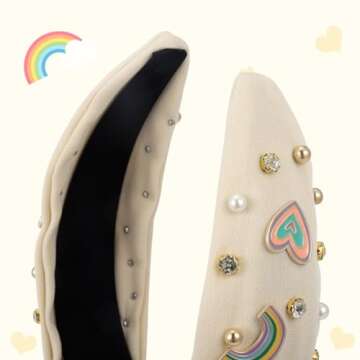 XLSXEXCL Headband, Pearl Knotted Headband for Women - Beige, Boho Rainbow Daisy Headbands for Girls with Sparkly Crystal Rhinestone, Wide Pearl Knotted Twist Headband Headpiece Summer Accessories