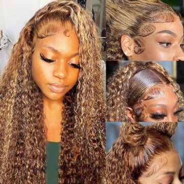 Alsother 28 Inch 13x6 Highlight Ombre Lace Front Wigs Human Hair 200 Density 4/27 Deep Wave Lace Fro...