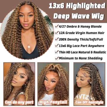 Alsother 28 Inch 13x6 Highlight Ombre Lace Front Wigs Human Hair 200 Density 4/27 Deep Wave Lace Front Wigs Human Hair Honey Blonde HD Lace Front Wigs Human Hair Glueless Wigs Human Hair Pre Plucked