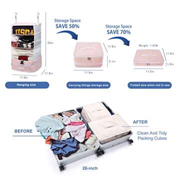 TABITORA Travel Luggage Organizer with Built-In Hanging Shelves and Laundry Compartment (Pink L)