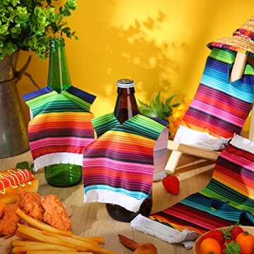 Zubebe 30 Pieces Beer Poncho Mini Serapes for Cinco De Mayo Mexican Serapes Poncho Assorted Beer Bottle Drink Cover Multicolor Costume for Bottles with Tassels for Margarita Party Decorations