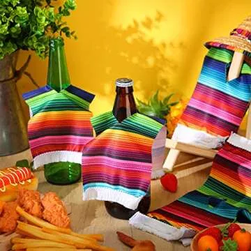 Zubebe 30 Pieces Beer Poncho Mini Serapes for Cinco De Mayo Mexican Serapes Poncho Assorted Beer Bottle Drink Cover Multicolor Costume for Bottles with Tassels for Margarita Party Decorations
