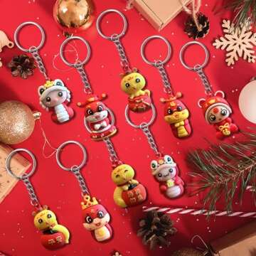 CIEOVO 18 Pcs Chinese New Year Dragon Keychain, Fortune Wealth Health Success Blessing Souvenir Good Luck Key Rings Snake Rubber Keyring for 2025 Spring Festival Birthday Party Holiday