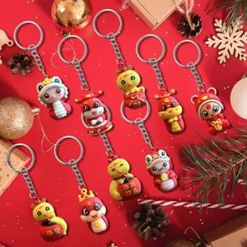CIEOVO 18 Pcs Chinese New Year Dragon Keychain, Fortune Wealth Health Success Blessing Souvenir Good Luck Key Rings Snake Rubber Keyring for 2025 Spring Festival Birthday Party Holiday