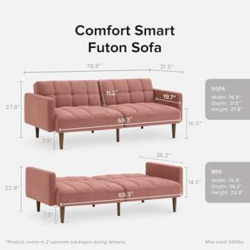 mopio Aaron Couch, Small Futon Sofa Bed, Sleeper, Loveseat, Mid Century Modern Futon Couch, Sofa Cama, Couches for Living Room, Bedroom (Old Rosa, Velvet)