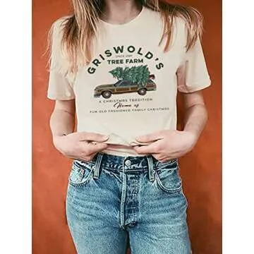 Tree Farm Shirt for Women Vintage Graphic Christmas Tee Tops Casual Short Sleeve Xmas Holiday Tshirt (XXL, Apricot)