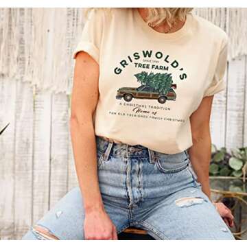 Tree Farm Shirt for Women Vintage Graphic Christmas Tee Tops Casual Short Sleeve Xmas Holiday Tshirt (XXL, Apricot)