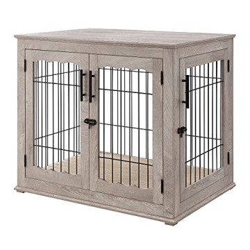 beeNbkks Furniture Style Dog Crate End Table with Double Doors and Pet Bed