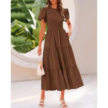 BTFBM Women Casual Summer Dresses 2025 Crewneck Flutter Short Sleeve Elastic Waist Aline Tiered Flow...